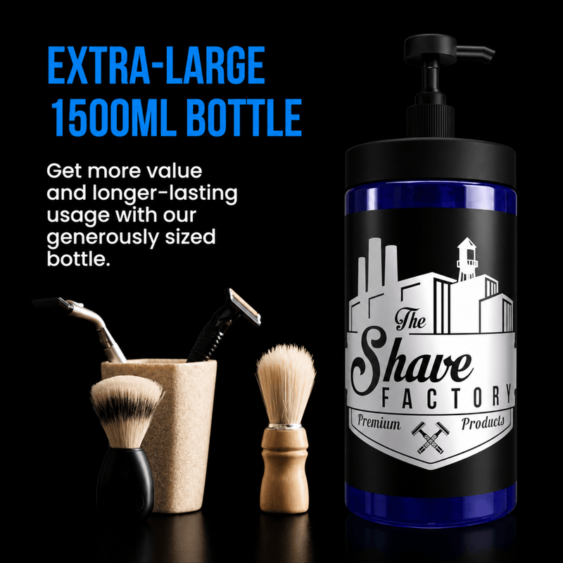 The Shave Factory Extra Large 1500ml Shaving Gel Bottle for Barbers Available at Primos Barber Supply