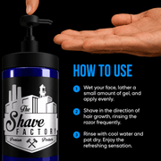 The Shave Factory Shaving Gel Application Instructions for Professional Use Available at Primos Barber Supply