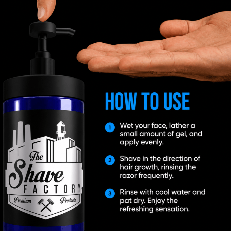 The Shave Factory Shaving Gel Application Instructions for Professional Use Available at Primos Barber Supply