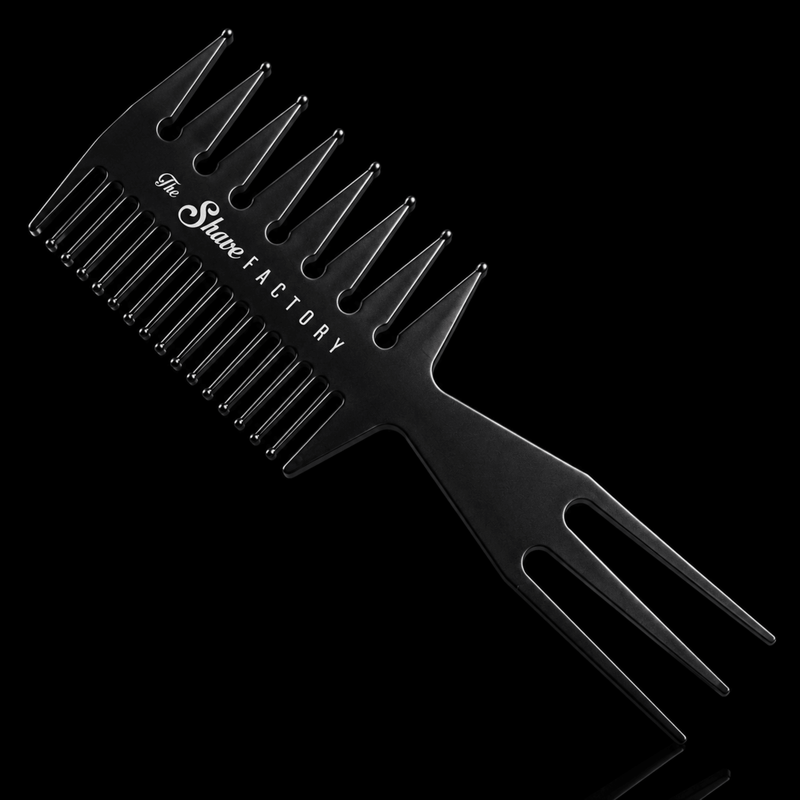 The Shave Factory Texturizing Comb Angled View for Sectioning and Styling Hair Available at Primos Barber Supply
