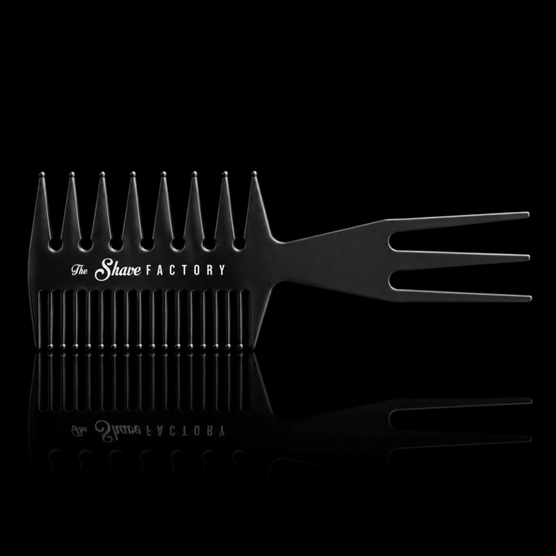 The Shave Factory Texturizing Comb Side View with Dual Tooth Design Available at Primos Barber Supply