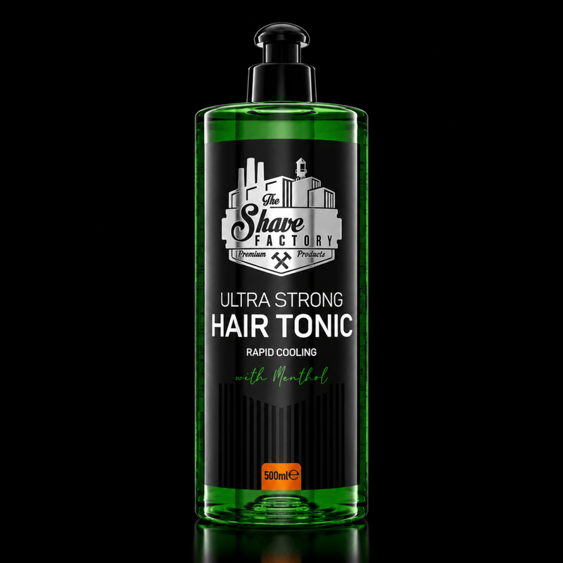 The Shave Factory Ultra Strong Hair Tonic 500ml Rapid Cooling Formula Available at Primos Barber Supply