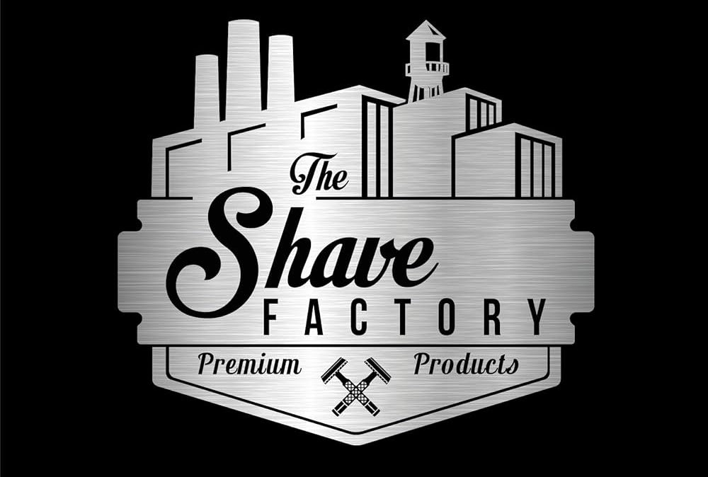 Logo of The Shave Factory with industrial design elements on a black background