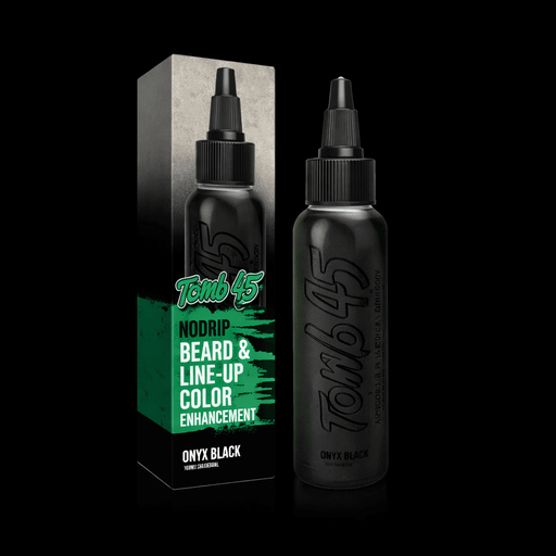 Tomb 45 Nodrip beard and line-up color enhancement bottle with packaging on a black background