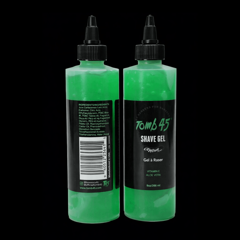 Tomb45 Shave Gel Original front and back bottle showing ingredients label and clear shaving gel formula primos barber supplies