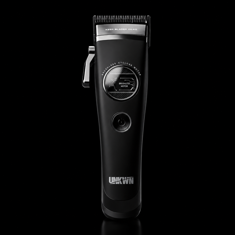 A black electric hair clipper with silver metal blades and a silver power button, shown vertically against a solid black background. The brand name 'UKWIN' is printed in white near the bottom.