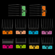 Nine black cordless hair clipper guide combs with colorful size labels are arranged in a 3x3 grid on a black background.
