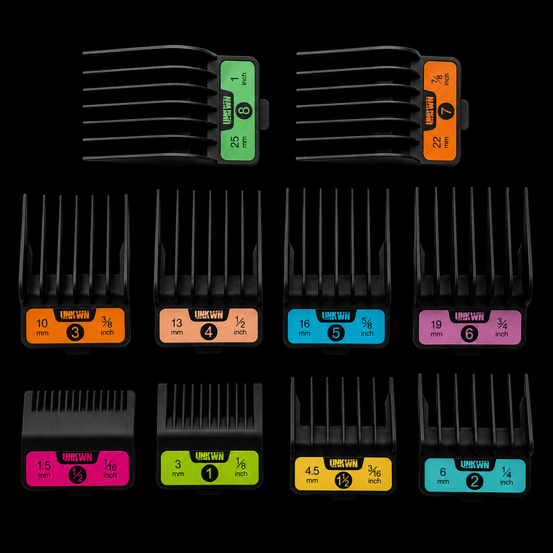 Nine black cordless hair clipper guide combs with colorful size labels are arranged in a 3x3 grid on a black background.