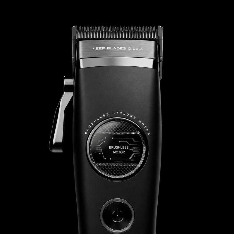 Black cordless hair clipper with silver metallic accents, featuring a circular brushed-metal motor cover and clipper blades, shown against a solid black background.