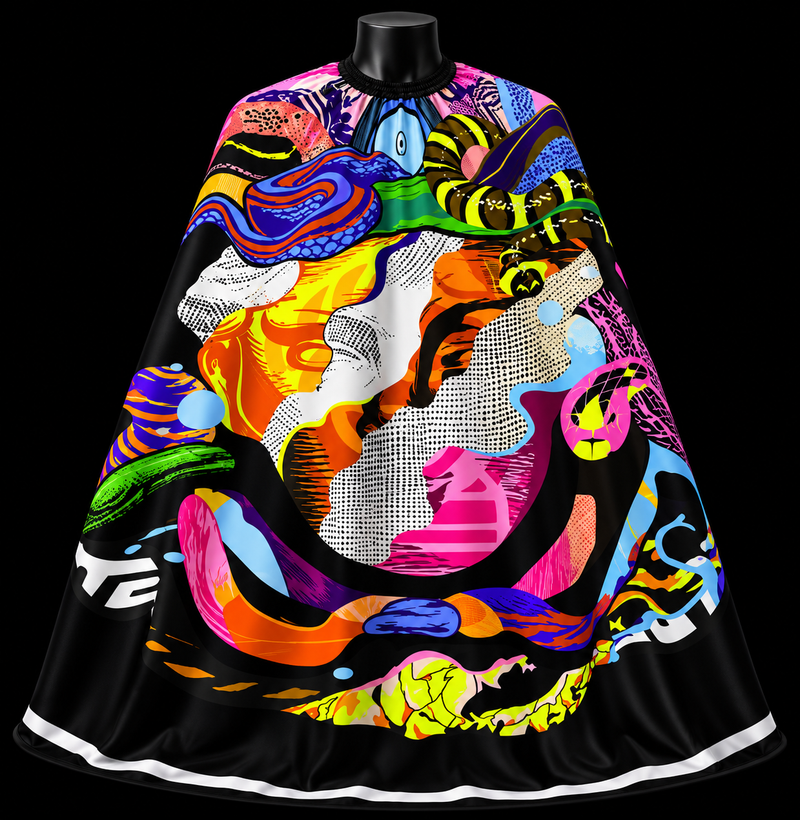 Versace Colorful Barber Cape - front-facing view showing the all-over baroque multicolor pop-art print on a lightweight water-resistant polyester cape