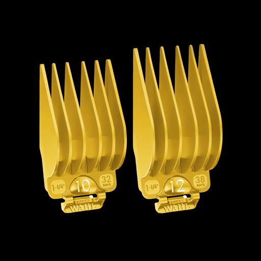 Two yellow hair clipper combs with size markings on a black background