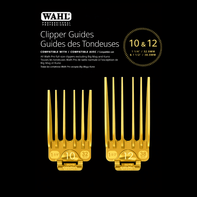 Wahl clipper guides with sizes 10 and 12 and compatibility on a black background