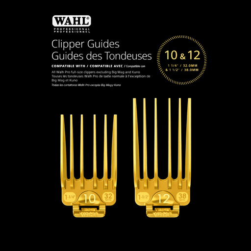 Wahl clipper guides with sizes 10 and 12 and compatibility on a black background