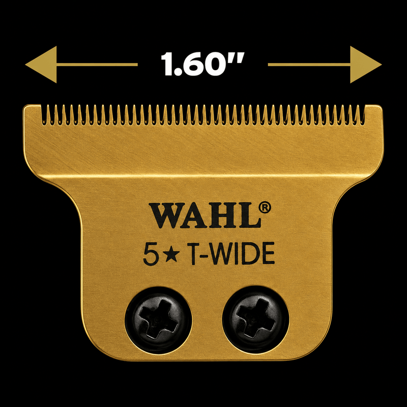 Wahl 5 Star T-Wide gold trimmer blade with 1.60 inch extra wide cutting area for faster detailing