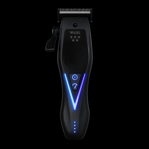 Wahl 5-Star Vapor Switch Cordless Clipper front view with blue LED light, power button, and battery indicator