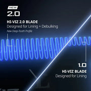 Comparison chart showing the Wahl Hi-Viz 2.0 Blade vs the 1.0, highlighting the deeper profile for lining and debulking.