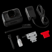 Full Wahl Hi-Viz 2.0 Nightshade kit contents: Charging stand, power cable, cleaning brush, oil, and guards.