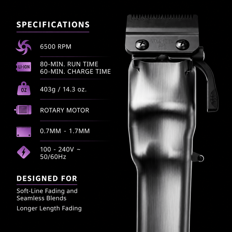 Wahl Legend Plus cordless clipper specifications featuring wedge blade rotary motor and fade range