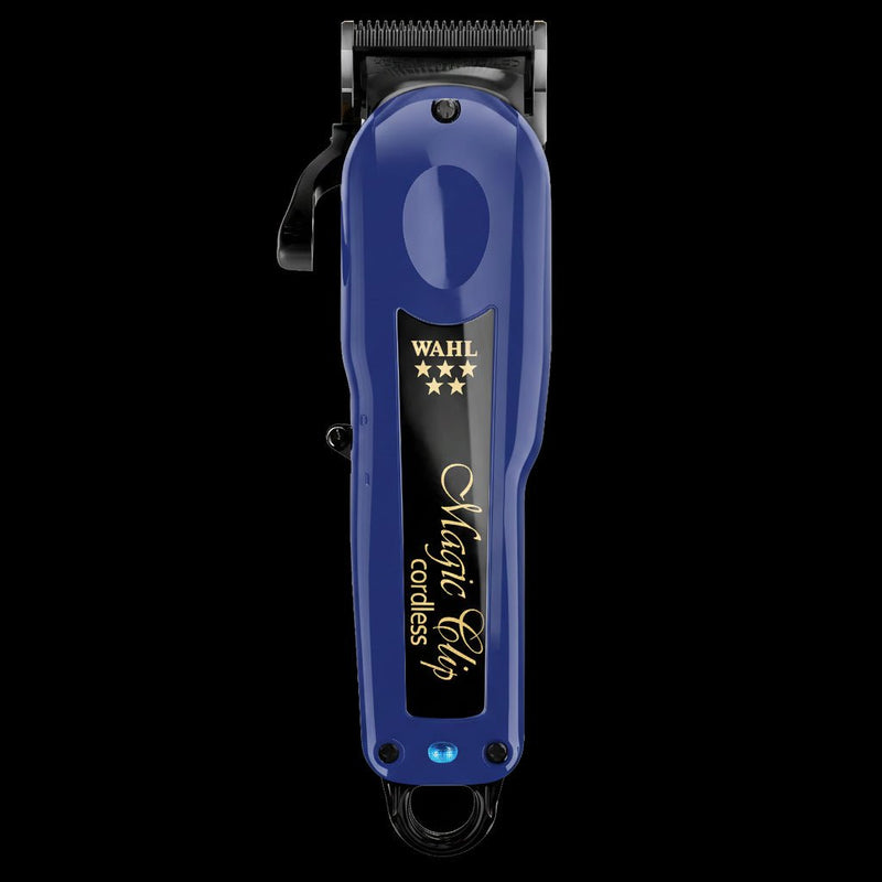 Blue Wahl Magic Clip cordless hair clipper on a black background