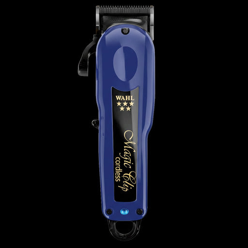 Blue Wahl Magic Clip cordless hair clipper on a black background