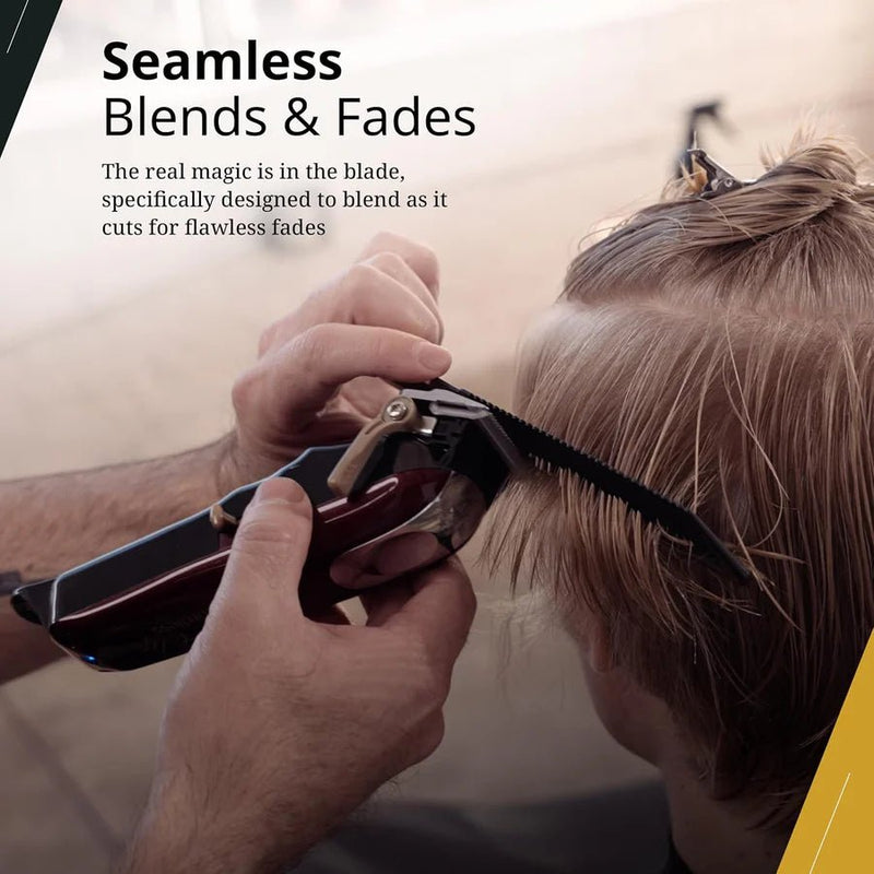 Person using a hair cutting tool on another person with text about blade design.