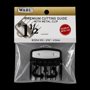 Wahl premium cutting guide with metal clip packaging on a black background
