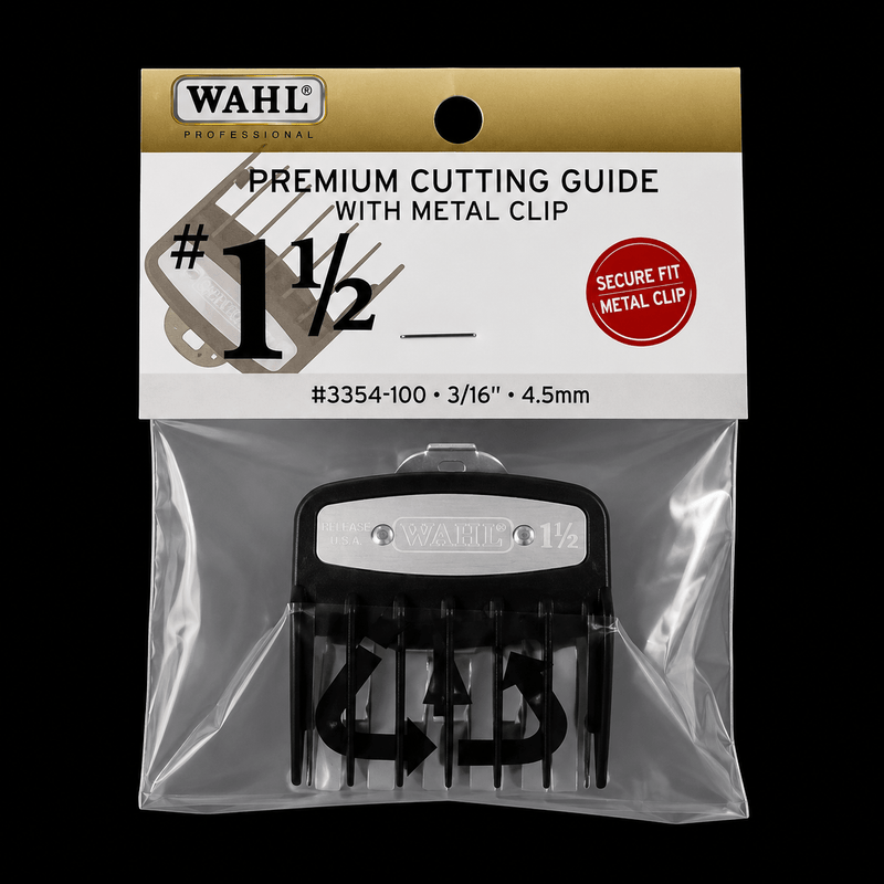 Wahl premium cutting guide with metal clip packaging on a black background