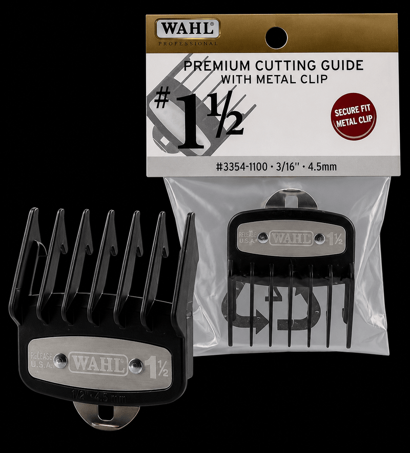 Wahl hair cutting guide comb with packaging on a black background