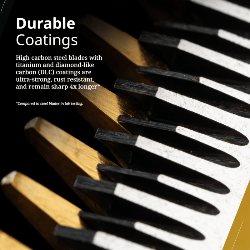 Close-up of a comb with text about durable coatings on high carbon steel blades.