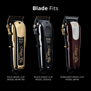 Three Wahl Magic Clip hair trimmers in gold, black, and burgundy on a black background.