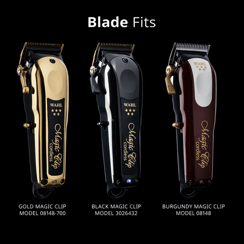 Three Wahl Magic Clip hair trimmers in gold, black, and burgundy on a black background.