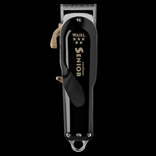 Wahl 5 Star Cordless Senior Clipper, black and silver body with gold lettering, on a black background.