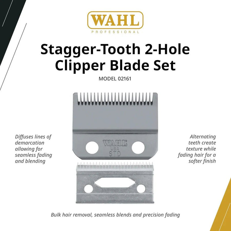 Wahl Stagger-Tooth 2-Hole Clipper Blade Set on a white background with product details.