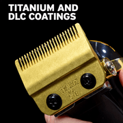 Gold clipper blade with 'Wagie' branding on a black background, highlighting titanium and DLC coatings.