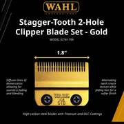 Wahl Stagger-Tooth 2-Hole Clipper Blade Set Gold on a black background
