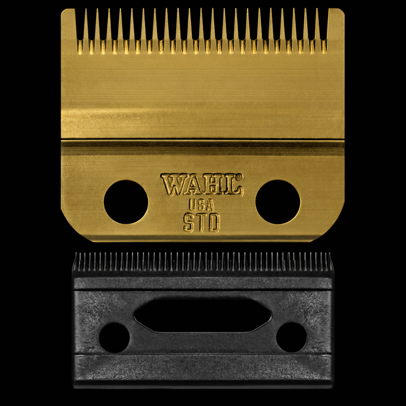 Gold and black clipper blade with 'Wahl USA STD' branding on a black background