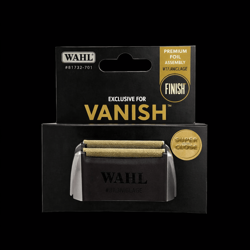Wahl razor head packaging with black and gold design on a black background