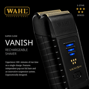 Wahl Vanish rechargeable shaver on a black background with product details.