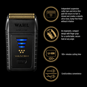 Wahl Vanish electric shaver with features listed on a black background
