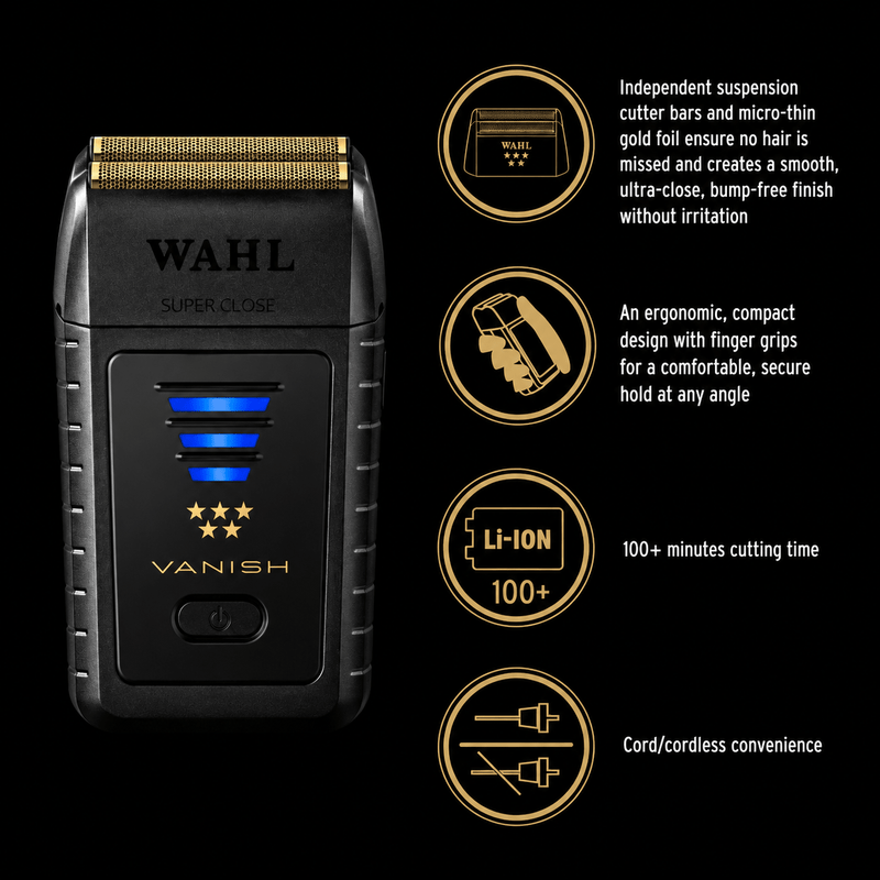 Wahl Vanish electric shaver with features listed on a black background