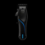 Wahl Vapor cordless professional hair clipper front view with blue LED on black background. Primos Barber Supply