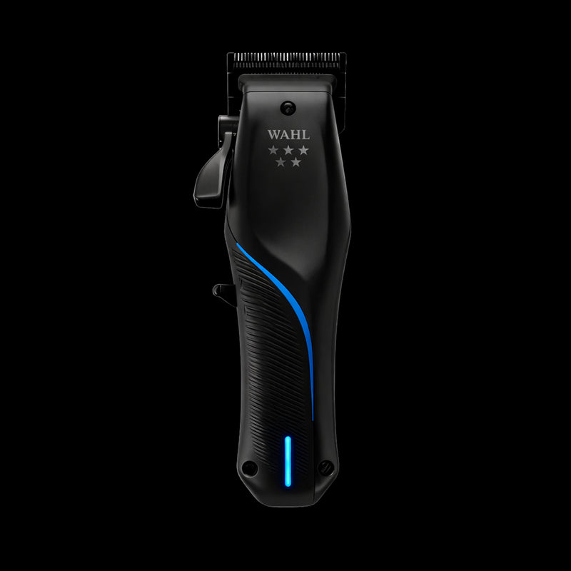 Wahl Vapor cordless professional hair clipper front view with blue LED on black background. Primos Barber Supply