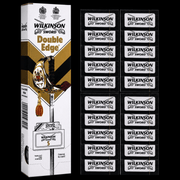 Wilkinson Sword Double Edge Razor Blades 5 Pack retail box and blade display available at Primos Barber Supply
