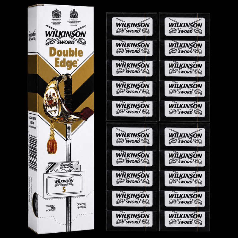 Wilkinson Sword Double Edge Razor Blades 5 Pack retail box and blade display available at Primos Barber Supply